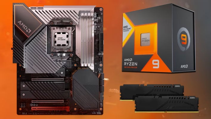 Renders of an AMD Ryzen 9 7000 series retail box, motherboard, and two RAM modules on an orange background.
