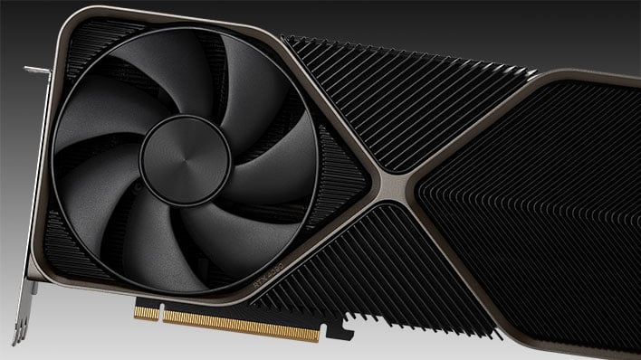 GeForce graphics card angled on a black and gray gradient background.