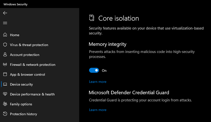 virtualization based security setting