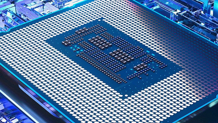 Closeup of the underside of an Intel 13th Gen Raptor Lake CPU.