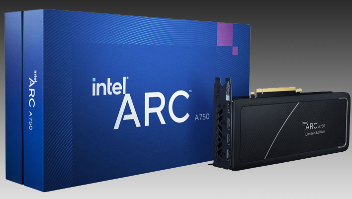 Intel Arc A750 card and retail box (renders) on a black and gray gradient background.