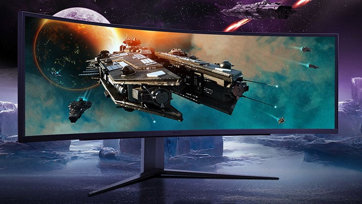 LG 49" Curved UltraGear monitor angled in front a space-themed background.