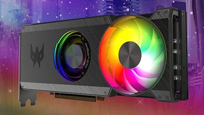 Angled side view of Acer's BiFrost Arc A770 graphics card on a colorful background.