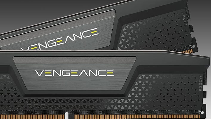 Closeup view of two Corsair Vengeance DDR5 module renders on a black and gray gradient background.