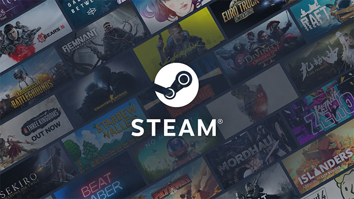 Steam logo in front of a bunch of game titles.