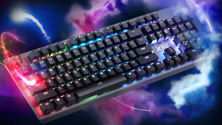 Angled view of Adata's XPG Mage keyboard in a plasma themed background.
