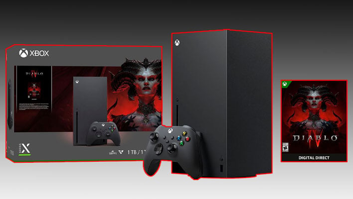 Xbox Series X Diablo IV bundle on a black and gray gradient background.