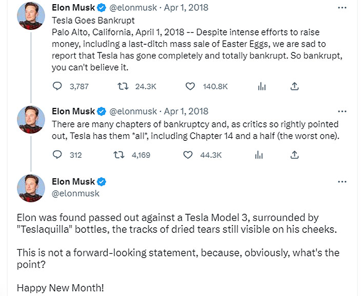 Elon Musk tweet claiming bankruptcy as part of an April Fools' Day gag.