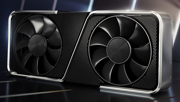 Angled view of an unmarked GeForce RTX 30 series graphics card.