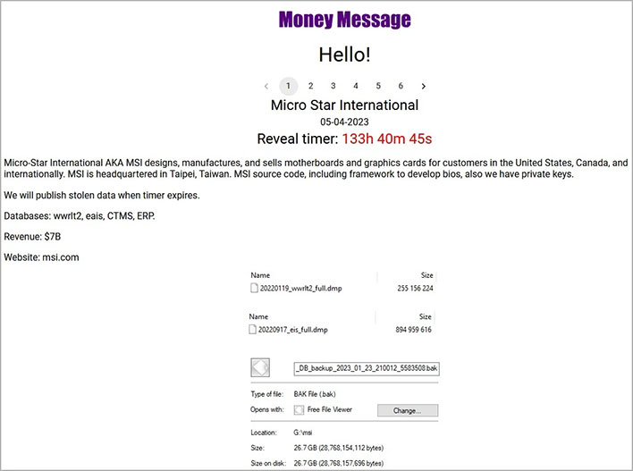 Screenshot of a forum post by Money Message, a ransomware group, demanding payment from MSI for allegedly stolen data.