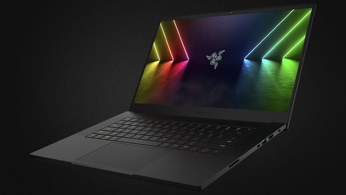 Render of a Razer Blade 15 gaming laptop open and angled on a light black background.
