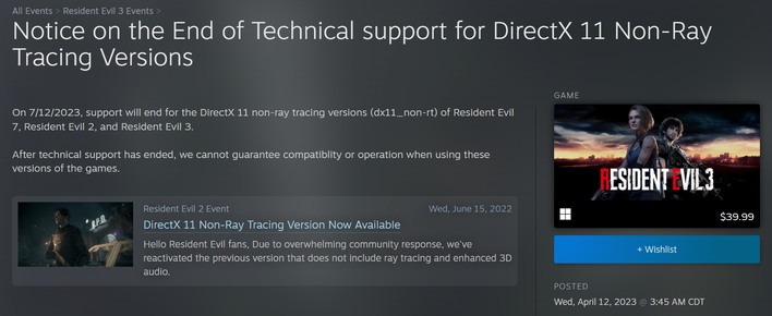 Capcom anuncia fim do suporte a DX11 sem ray tracing para Resident