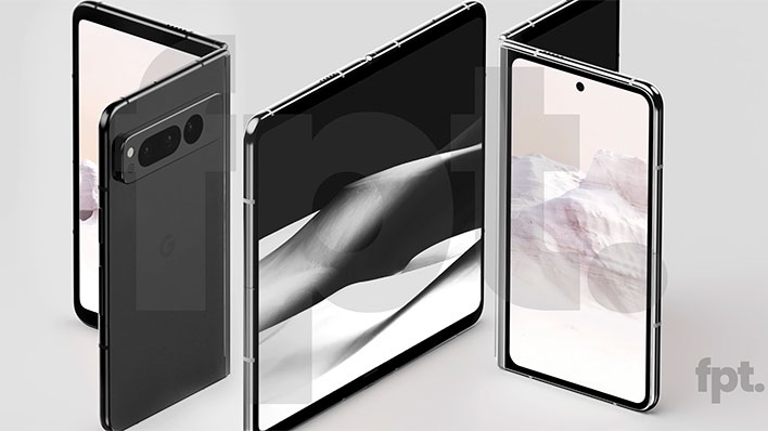 Renders of the Google Pixel Fold on a gray background.