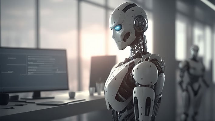 AI robot in front of a computer and looking angry.