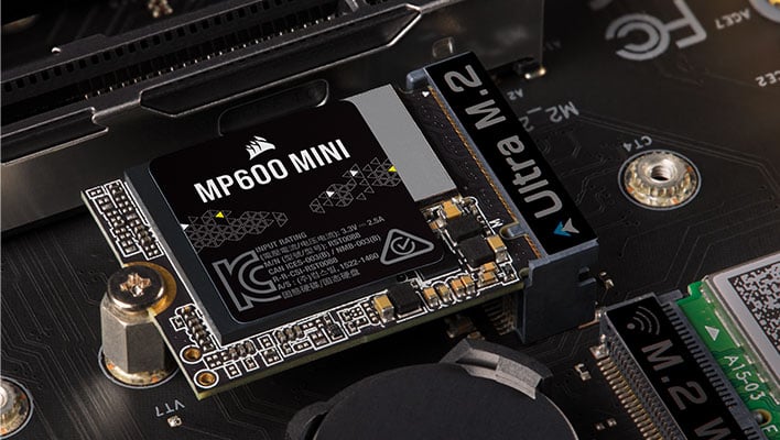 Corsair MP600 Mini SSD installed in a motherboard.