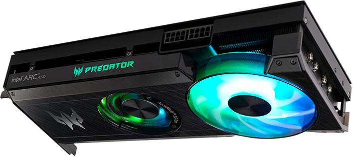Top and angled view of Acer's Predator BiFrost Arc A770 16GB graphics card.