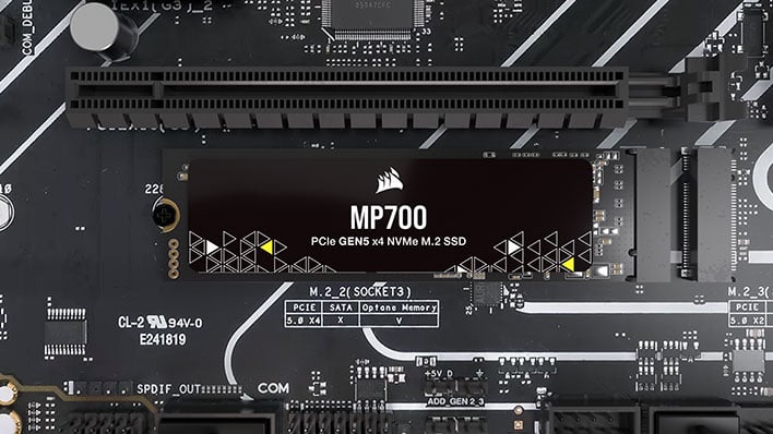 Corsair's MP700 PCIe 5 SSD installed in a motherboard.