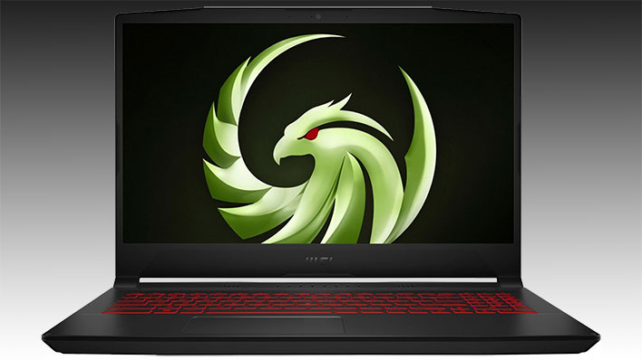 MSI Bravo gaming laptop on a black and gray gradient background.