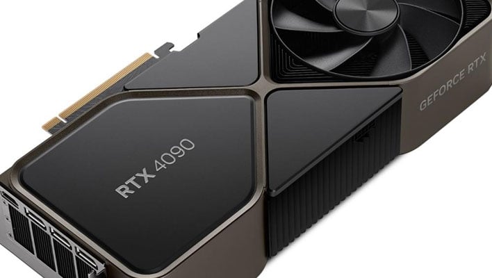 Closeup angled render of a GeForce RTX 4090 graphics card.
