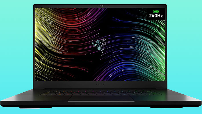 Razer Blade 17 laptop on a green gradient background.