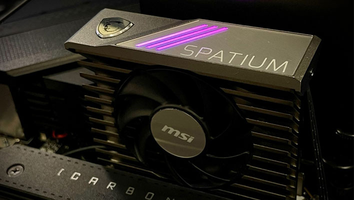 MSI Spatinum M570 Pro SSD with a tall air-cooled heatsink attached.