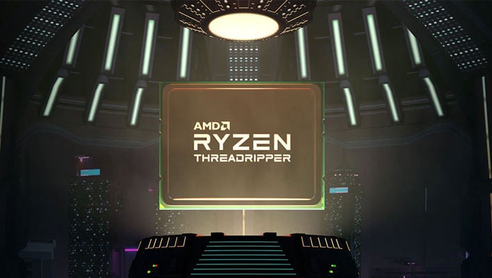 AMD Ryzen Threadripper CPU hovering above a stage with a light beaming down.