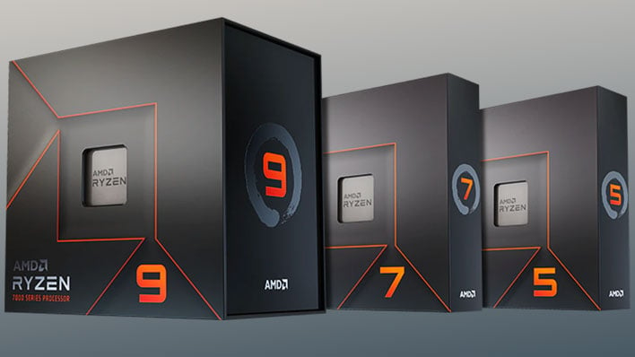 AMD Ryzen 9, 7, and 5 retail boxes from within the Ryzen 7000 series on a gradient background.