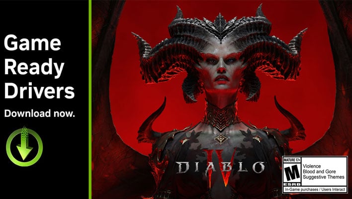 NVIDIA's GPU download banner with the demon Lilith from Diablo IV