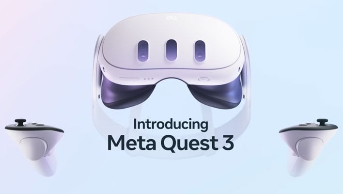 Meta Quest 3 with controllers on a light blue background.
