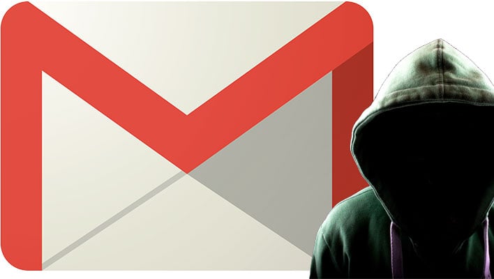 Hacker in a hoodie in front of a Gmail logo.
