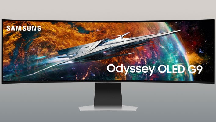 Samsung Odyssey OLED G9 on a gradient background.
