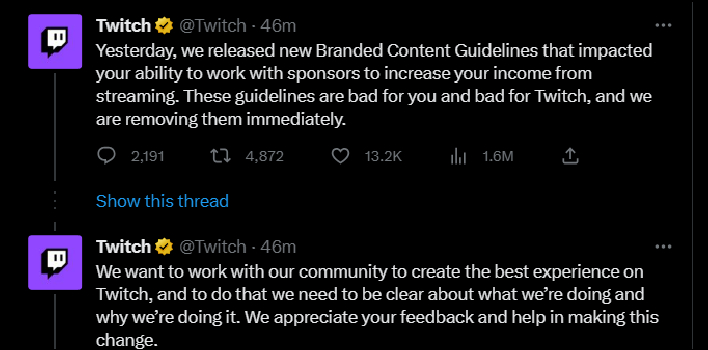 Twitch backtracks on branded content changes after streamer backlash