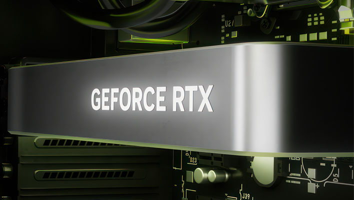 Closeup render of a GeForce RTX graphics card installed in a PC.