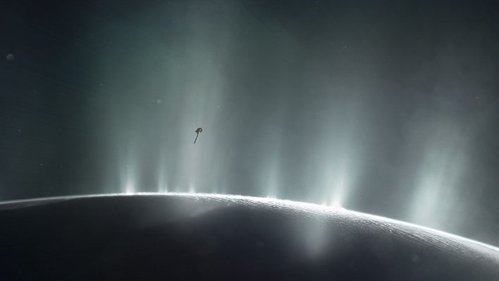 hero cassini spacecraft flying over enceladus