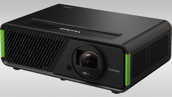 Angled front view of ViewSonic's X2-4K projector on a gray gradient background.
