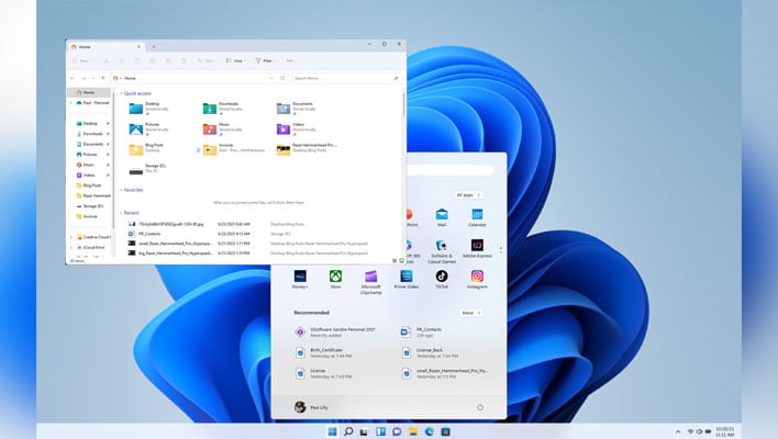 Windows 11 desktop with File Explorer and the Start Menu both open.