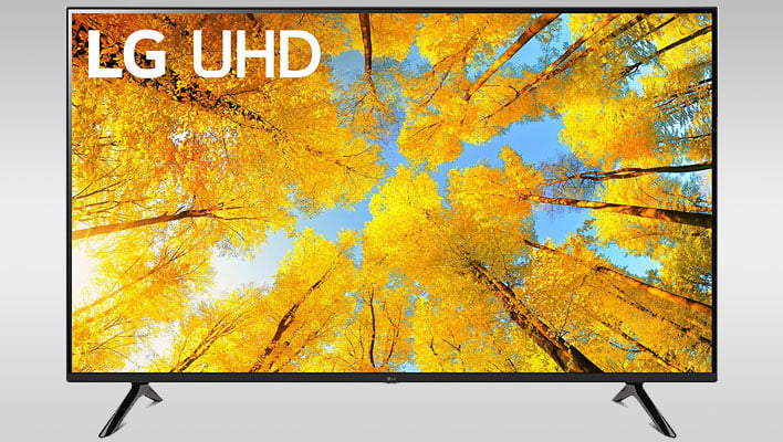 LG UQ7570 TV on a gray gradient background.