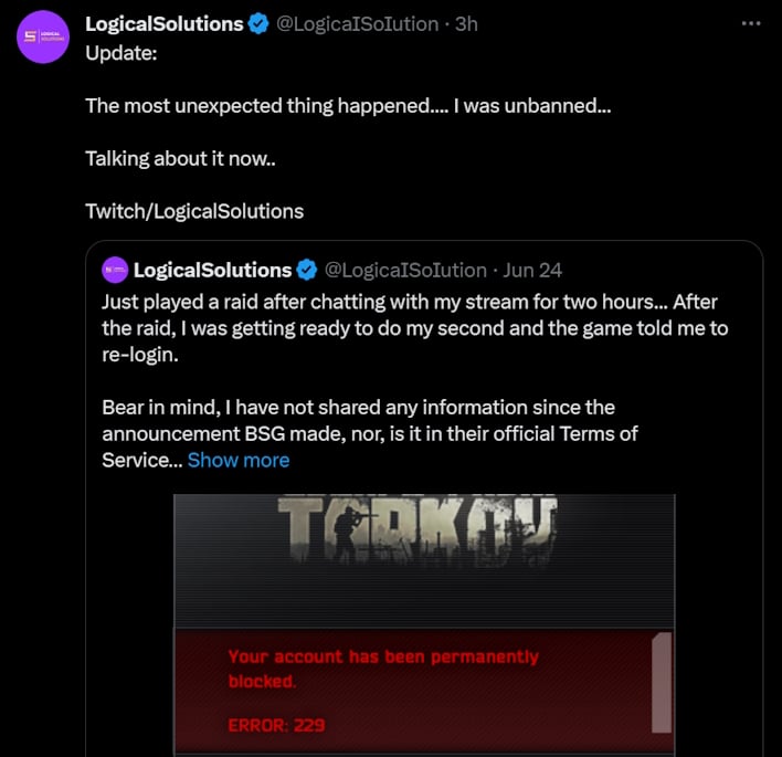 Tarkov developer Battlestate Games banned from Twitch for second