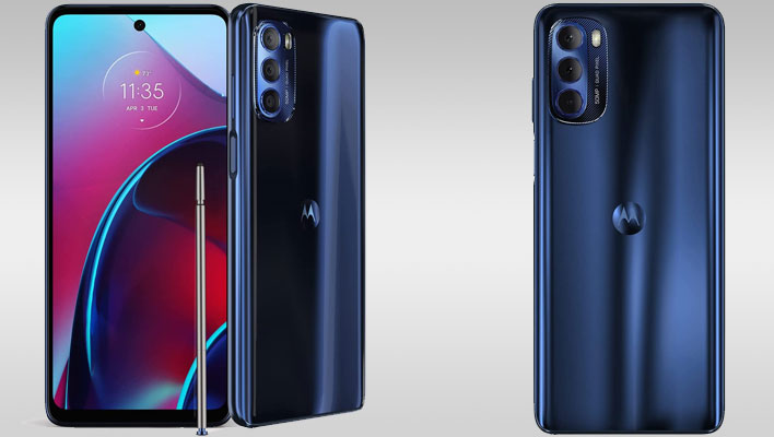 Motorola G Stylus renders on a gray gradient background.