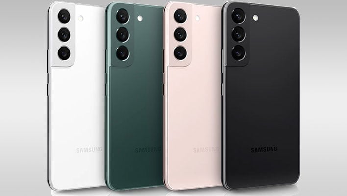 Back shot of different color Samsung Galaxy S22 phones on a gray gradient background.