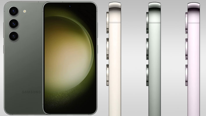 Samsung Galaxy S23 renders on a gray gradient background.