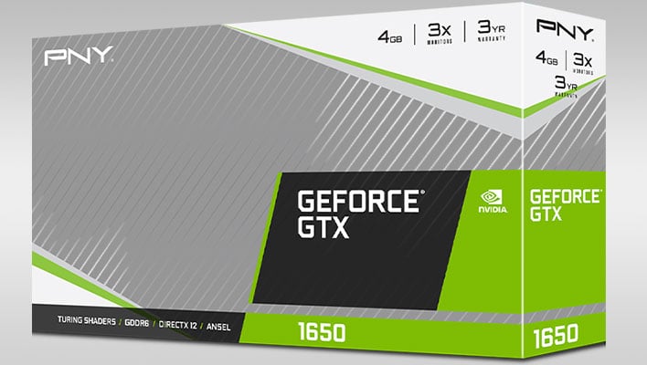 Render of the retail packaging for PNY's GeForce GTX 1650 graphics card, on a gray gradient background.