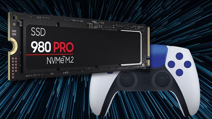 Samsung 980 Pro SSD and a PS5 controller on a lightspeed background.