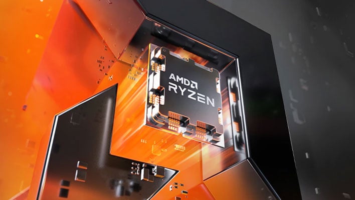 AMD Ryzen CPU popping out of an AMD logo.