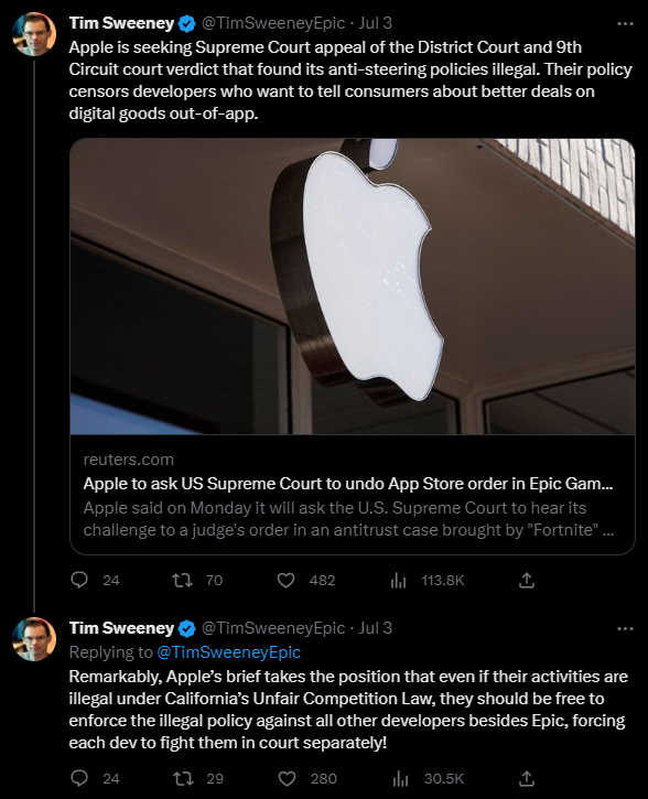 Apple wants to take the Epic Games case to the Supreme Court