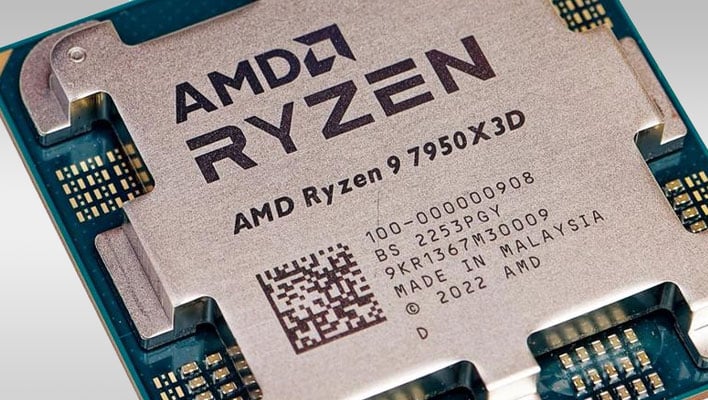 Closeup of an angled AMD Ryzen 9 7950X3D processor on a gray gradient background.
