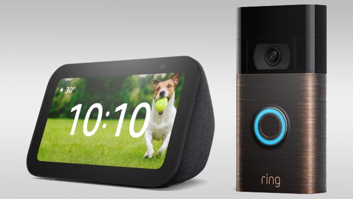 Ring Video Doorbell and Echo Show 5 on a gray gradient background.