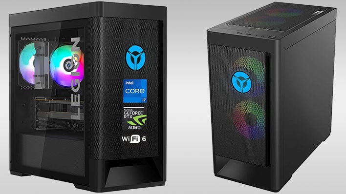 Lenovo Legion Tower T5 gaming PC on a gray gradient background.