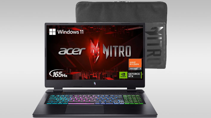 Acer Nitro 17 gaming laptop and carrying bag on a gray gradient background.