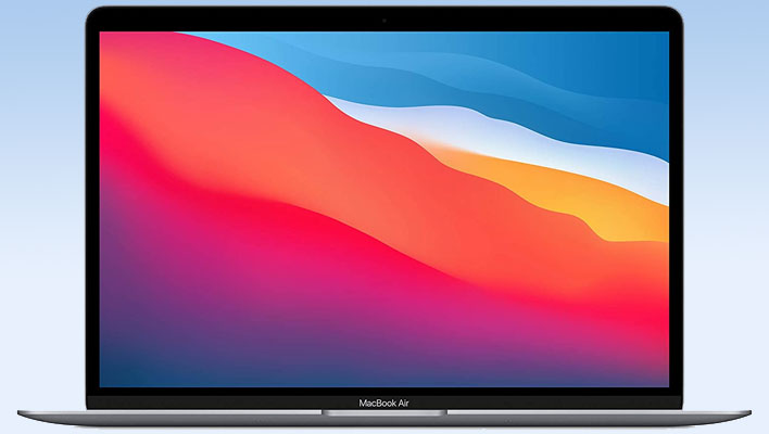 Apple 2020 MacBook Air on a blue gradient background.